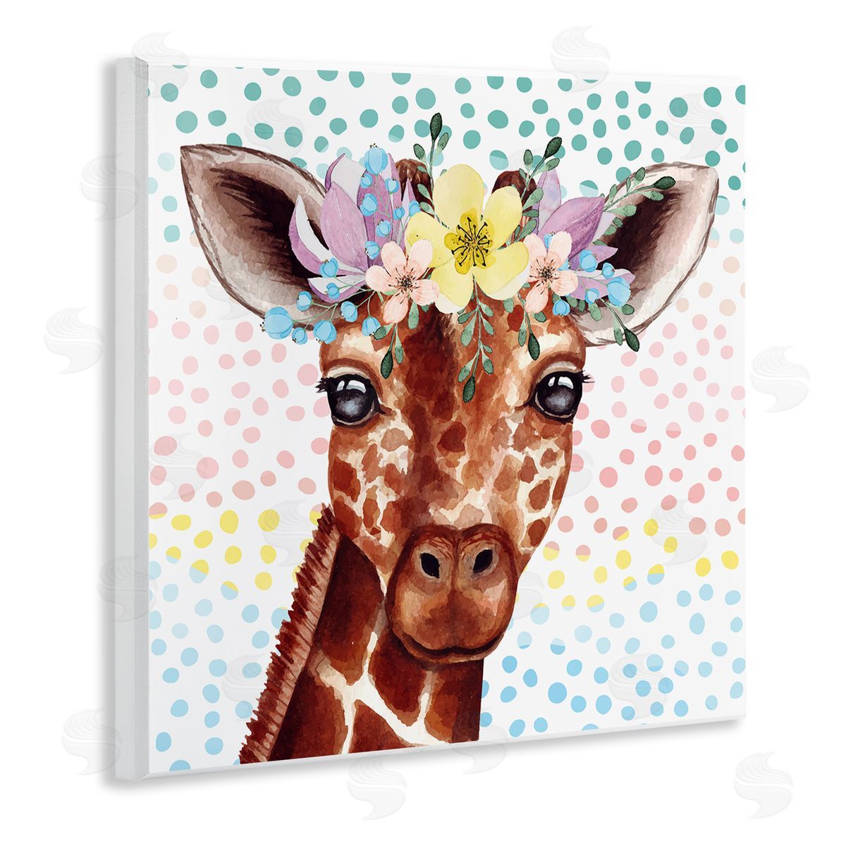 Nicole DeCamp Chic Giraffe Spring Floral Crown Rainbow Polka Dot Ombre Wooden Wall Plaque Art Print