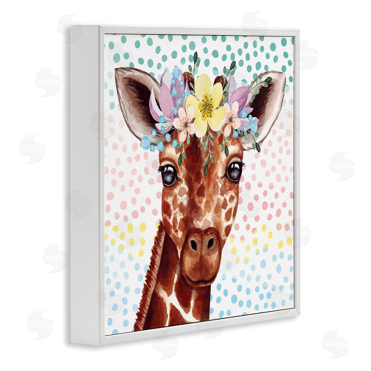 Nicole DeCamp Chic Giraffe Spring Floral Crown Rainbow Polka Dot Ombre White Framed Glicee Wall Art Print