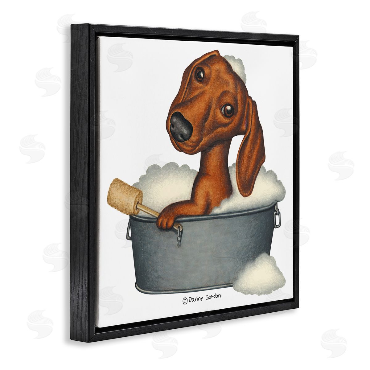 Danny Gordan Dachshund in Tin Tub Bubble Bath Country Pet Black Floating Frame Canvas Wall Art Print