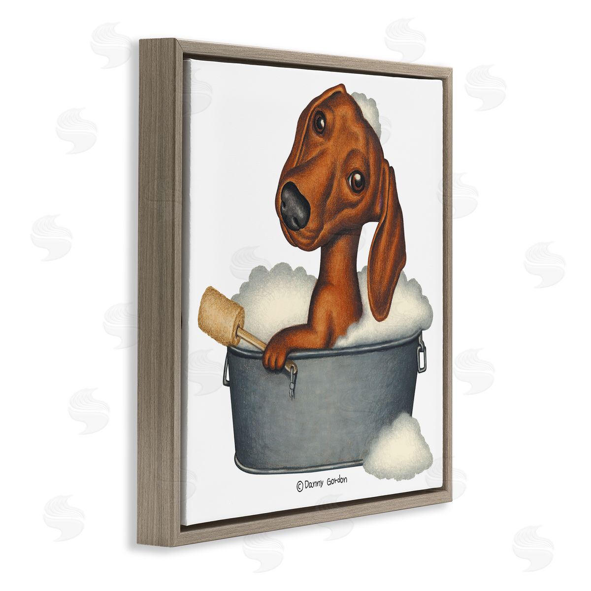 Danny Gordan Dachshund in Tin Tub Bubble Bath Country Pet Brown Floating Frame Canvas Wall Art Print