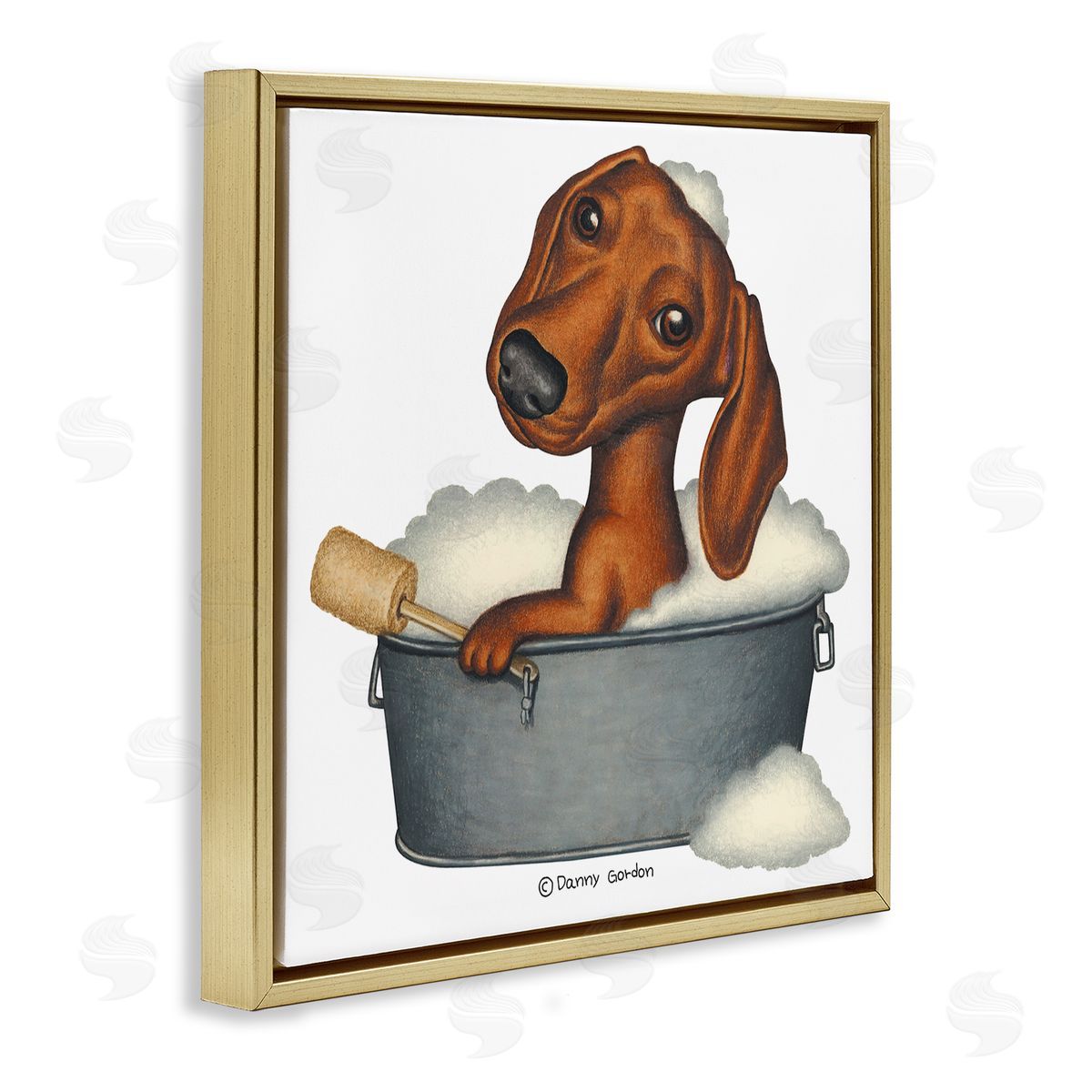 Danny Gordan Dachshund in Tin Tub Bubble Bath Country Pet Gold Floating Frame Canvas Wall Art Print