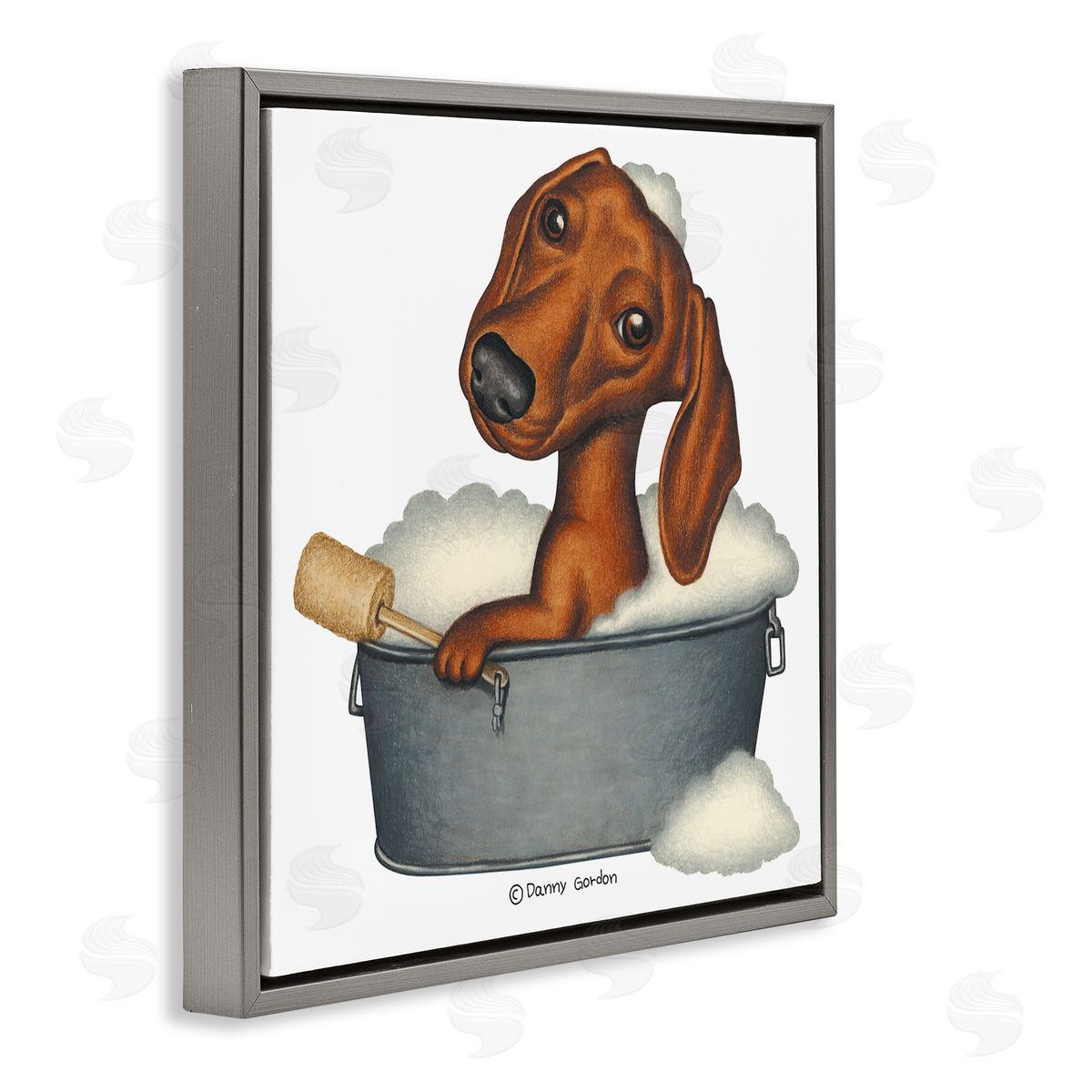 Danny Gordan Dachshund in Tin Tub Bubble Bath Country Pet Gray Floating Frame Canvas Wall Art Print