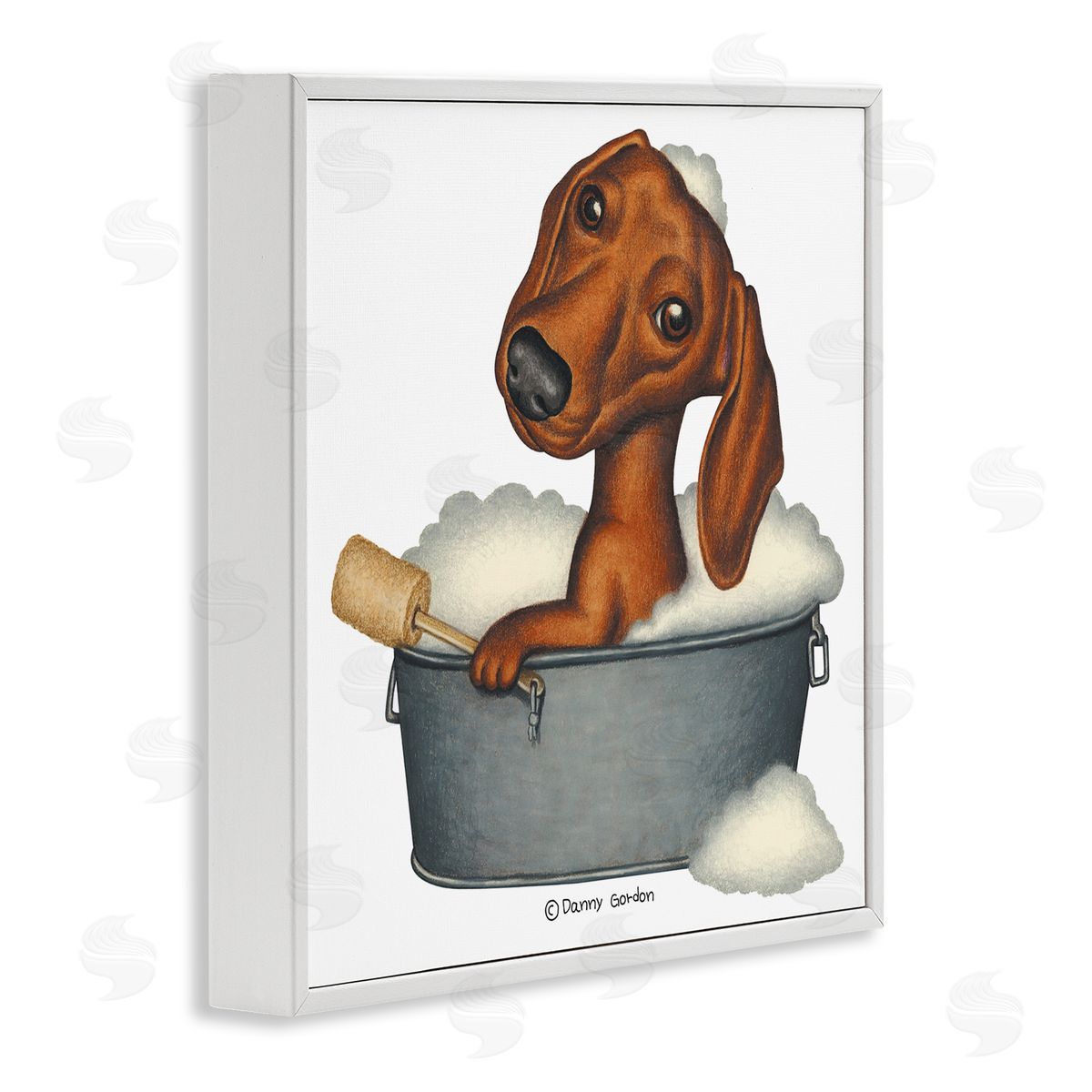 Danny Gordan Dachshund in Tin Tub Bubble Bath Country Pet White Framed Glicee Wall Art Print
