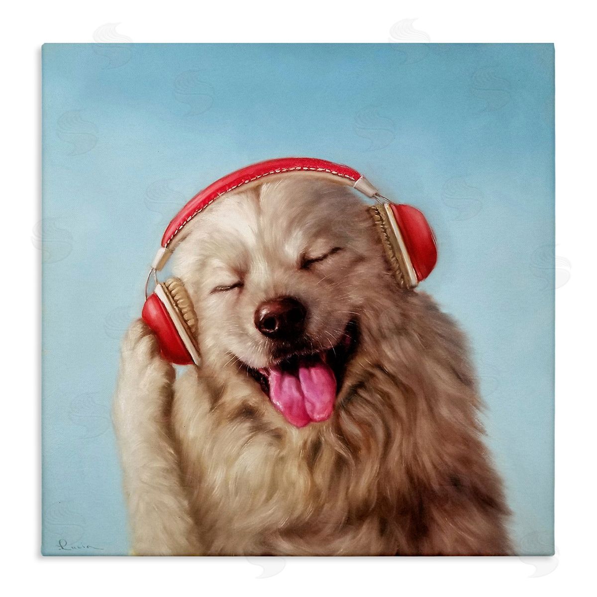 Lucia Heffernan Dog Listing to Music Red Headphones Funny Pet Stretched Canvas Wall Art Print
