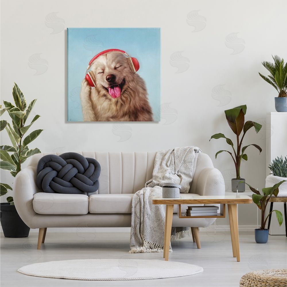Lucia Heffernan Dog Listing to Music Red Headphones Funny Pet Canvas Wall Art in Room
