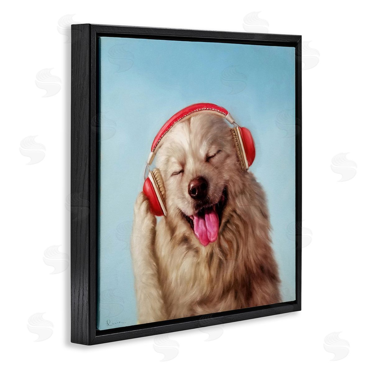 Lucia Heffernan Dog Listing to Music Red Headphones Funny Pet Black Floating Frame Canvas Wall Art Print