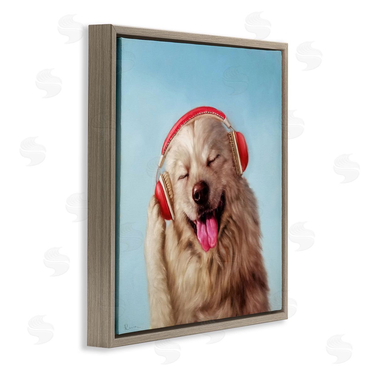 Lucia Heffernan Dog Listing to Music Red Headphones Funny Pet Brown Floating Frame Canvas Wall Art Print