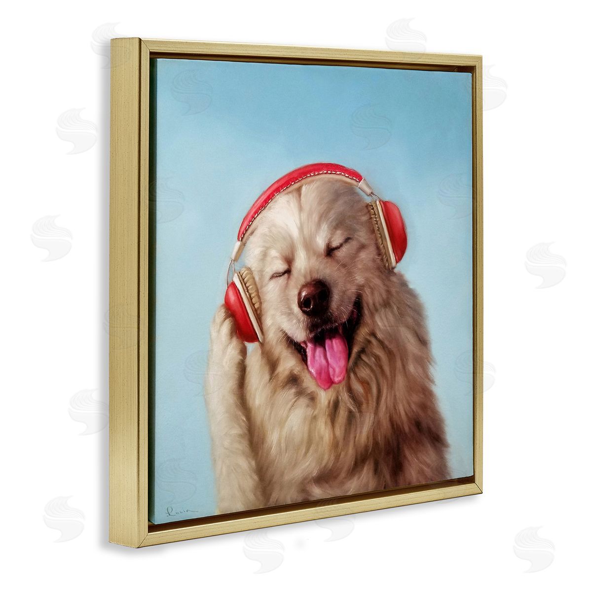 Lucia Heffernan Dog Listing to Music Red Headphones Funny Pet Gold Floating Frame Canvas Wall Art Print