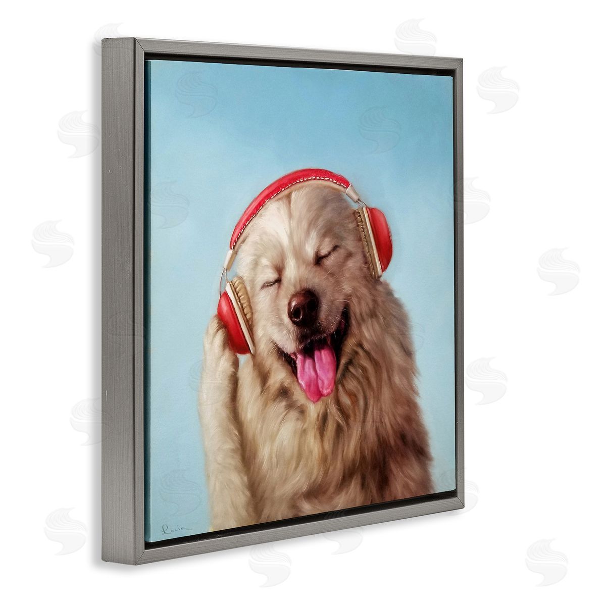 Lucia Heffernan Dog Listing to Music Red Headphones Funny Pet Gray Floating Frame Canvas Wall Art Print