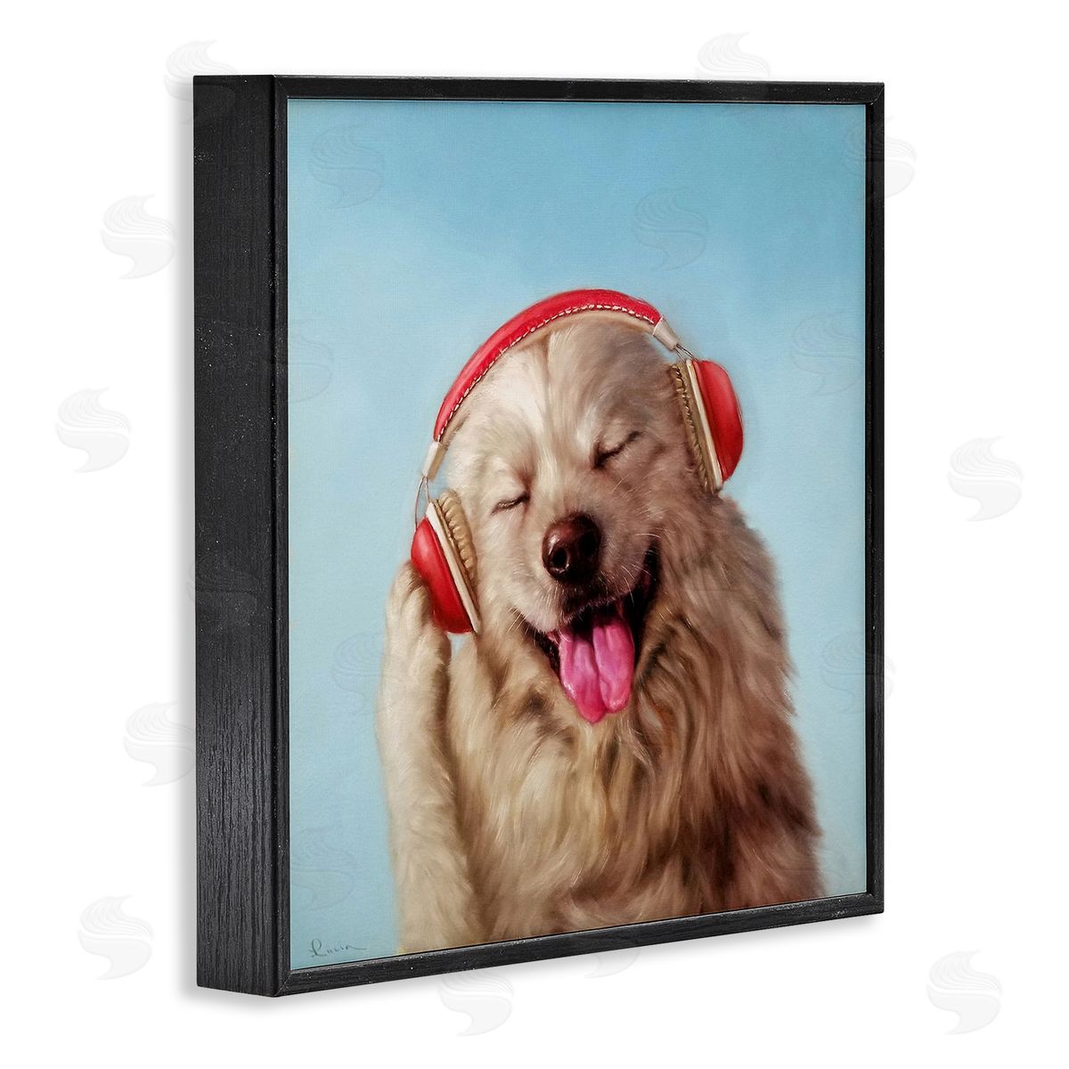 Lucia Heffernan Dog Listing to Music Red Headphones Funny Pet Black Framed Glicee Wall Art Print