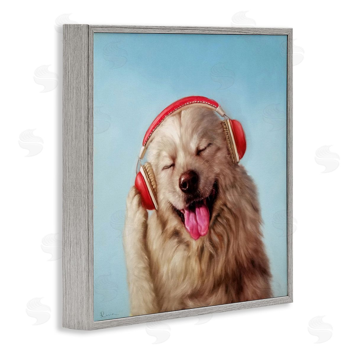 Lucia Heffernan Dog Listing to Music Red Headphones Funny Pet Gray Framed Glicee Wall Art Print