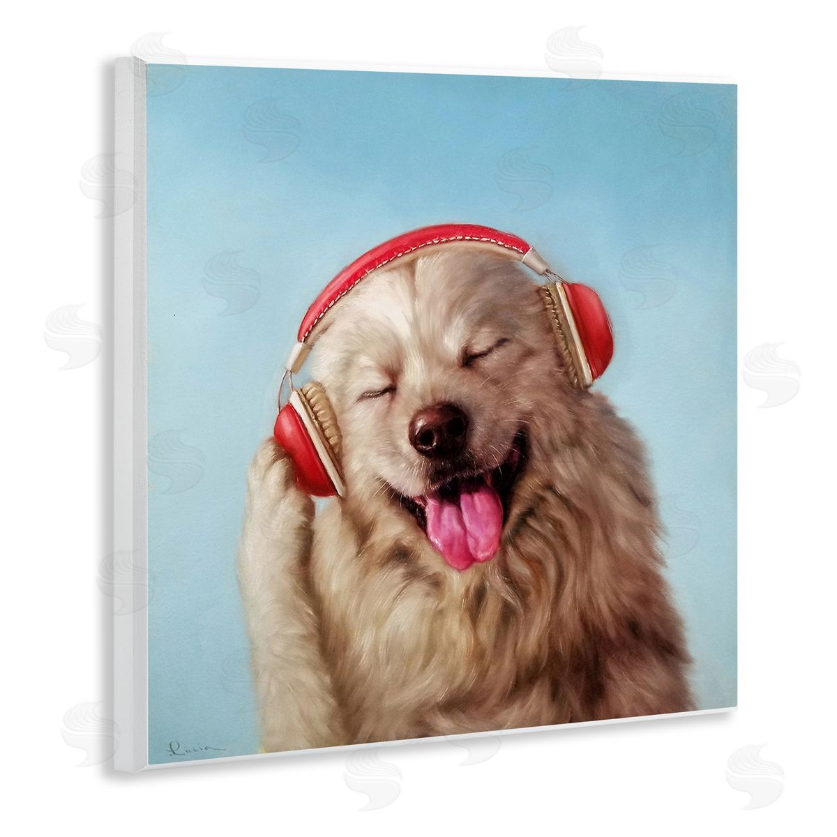 Lucia Heffernan Dog Listing to Music Red Headphones Funny Pet Wooden Wall Plaque Art Print