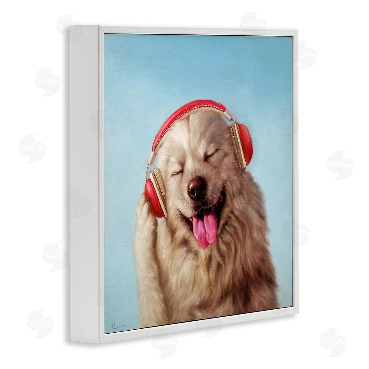 Lucia Heffernan Dog Listing to Music Red Headphones Funny Pet White Framed Glicee Wall Art Print