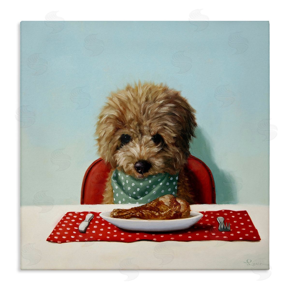 Lucia Heffernan Fluffy Pet Dog At Dinner Table Turkey Leg Stretched Canvas Wall Art Print