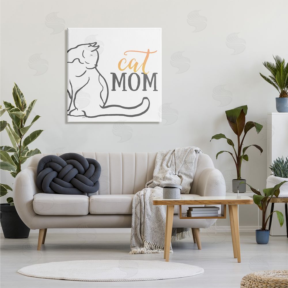Elizabeth Medley Cat Mom Phrase Resting Cat Minimal Line Drawing Canvas Wall Art in Room