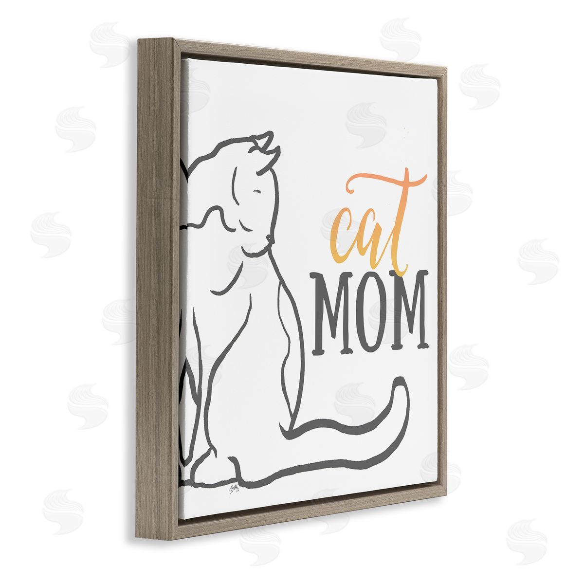 Elizabeth Medley Cat Mom Phrase Resting Cat Minimal Line Drawing Brown Floating Frame Canvas Wall Art Print