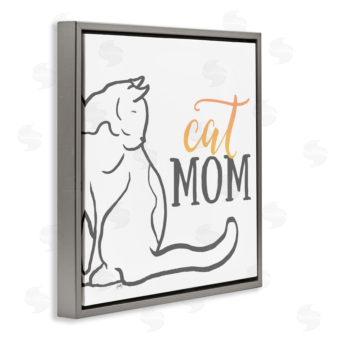 Elizabeth Medley Cat Mom Phrase Resting Cat Minimal Line Drawing Gray Floating Frame Canvas Wall Art Print