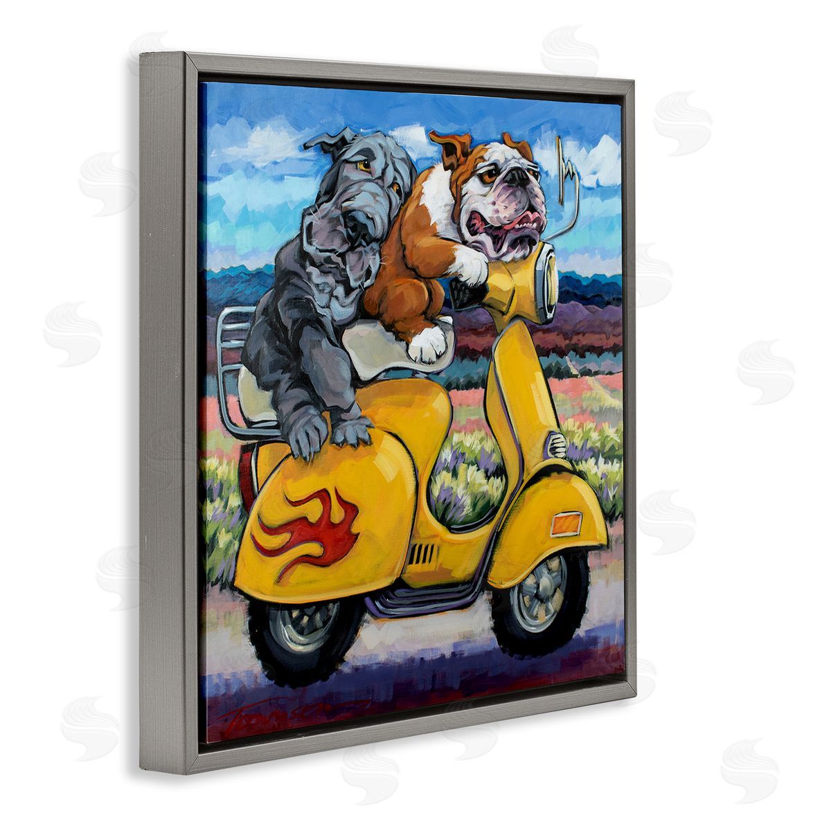CR Townsend Scooter Dogs Yellow Moped Southwestern Landscape Mountain Bulldogs Gray Floating Frame Canvas Wall Art Print