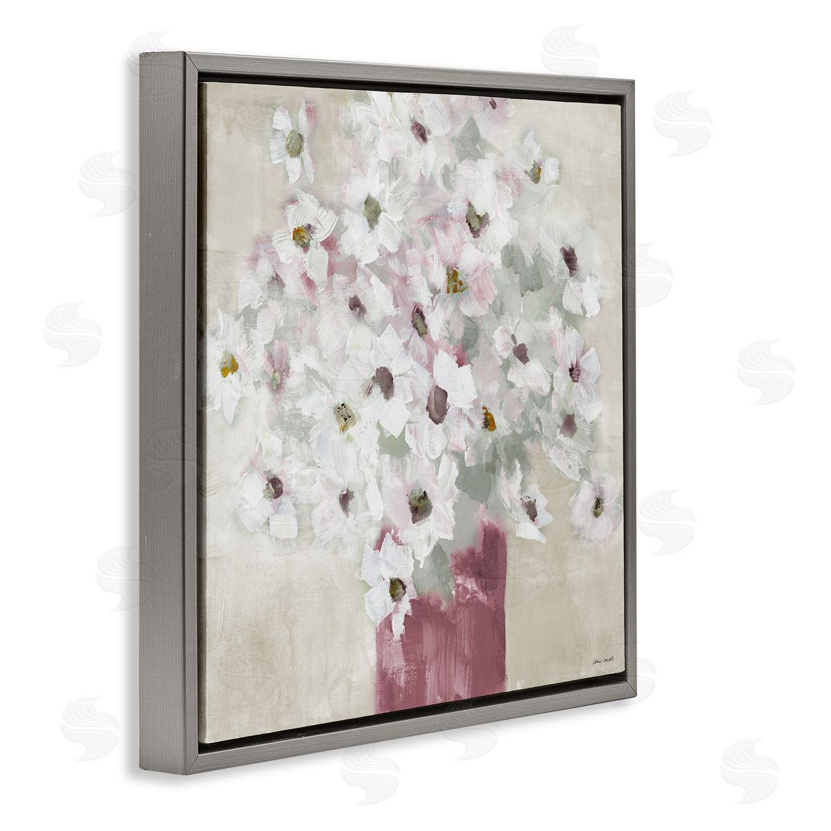 Lanie Loreth Abstract White Daisy Bouquet Contemporary Flowers Red Vase Gray Floating Frame Canvas Wall Art Print