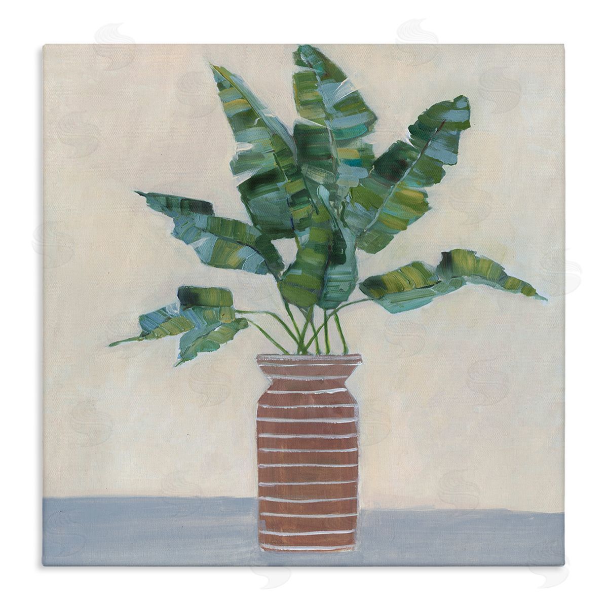 Sally Swatland Green Palm Plant Brown Vase Still Life Painting Stretched Canvas Wall Art Print