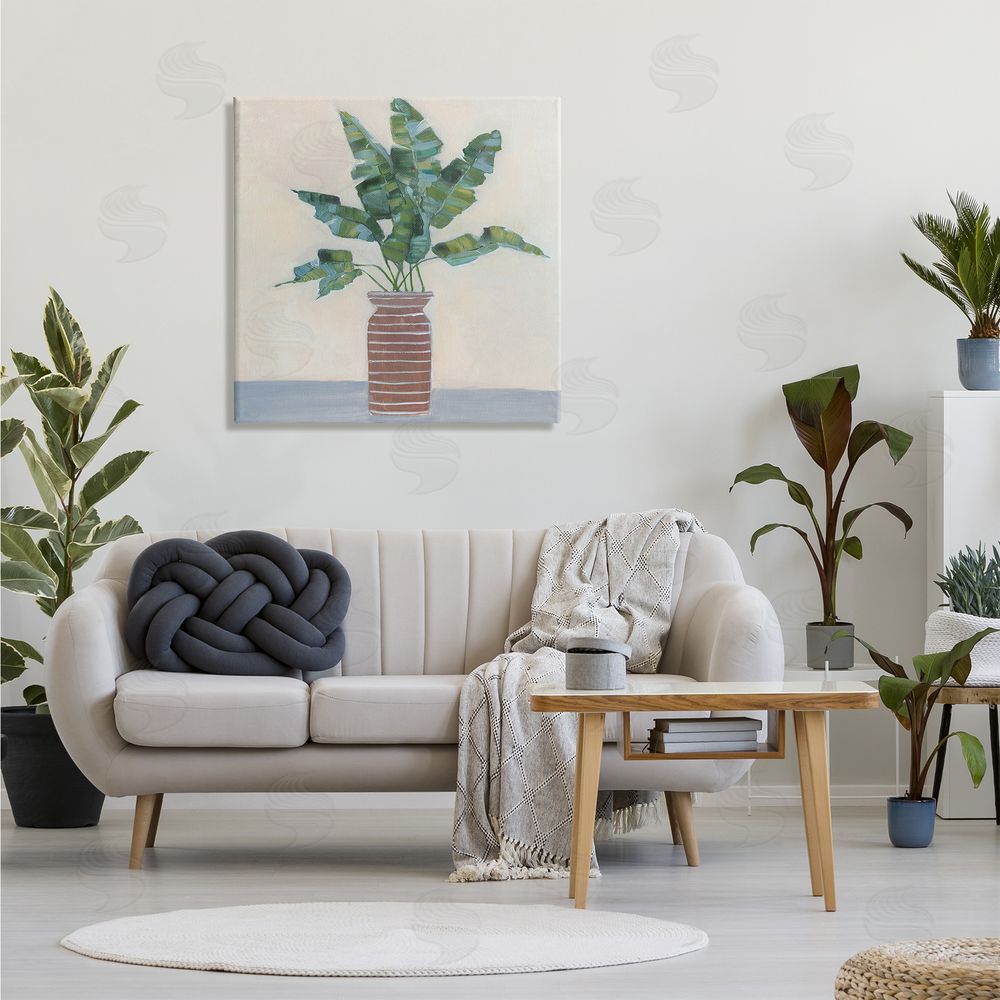 Sally Swatland Green Palm Plant Brown Vase Still Life Painting Canvas Wall Art in Room