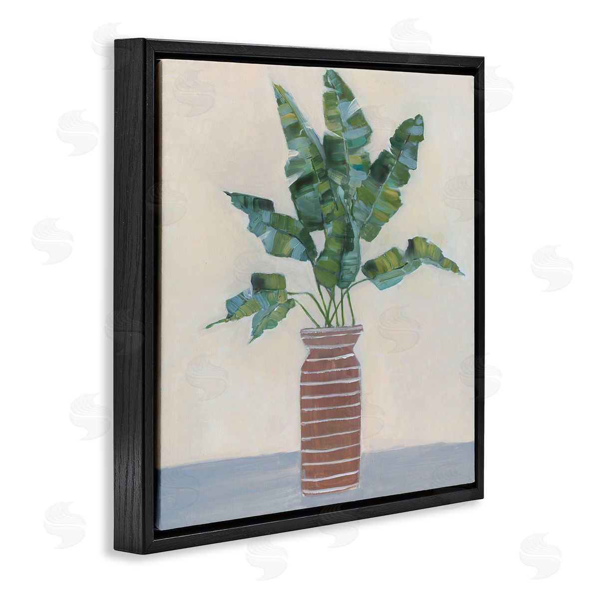 Sally Swatland Green Palm Plant Brown Vase Still Life Painting Black Floating Frame Canvas Wall Art Print