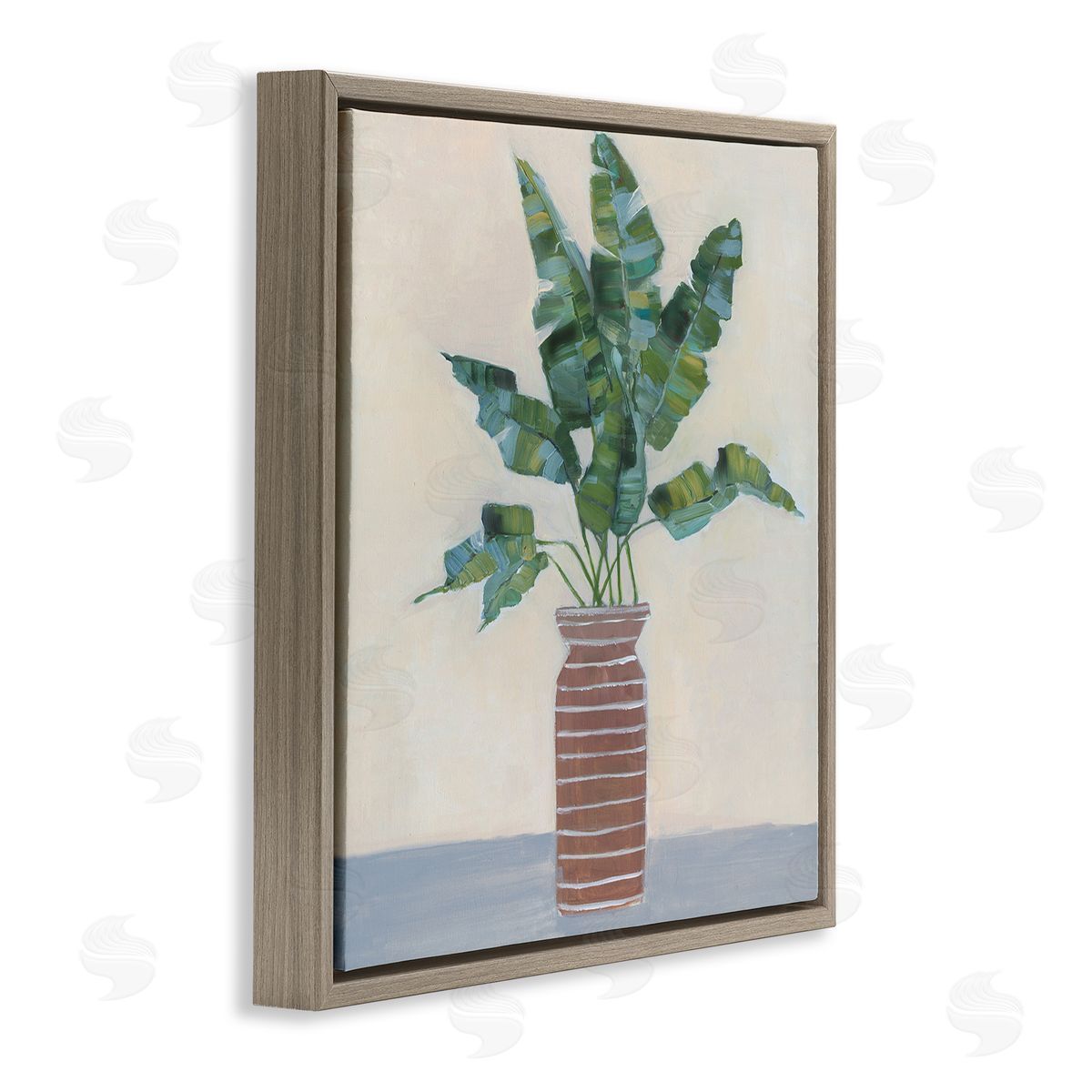 Sally Swatland Green Palm Plant Brown Vase Still Life Painting Brown Floating Frame Canvas Wall Art Print