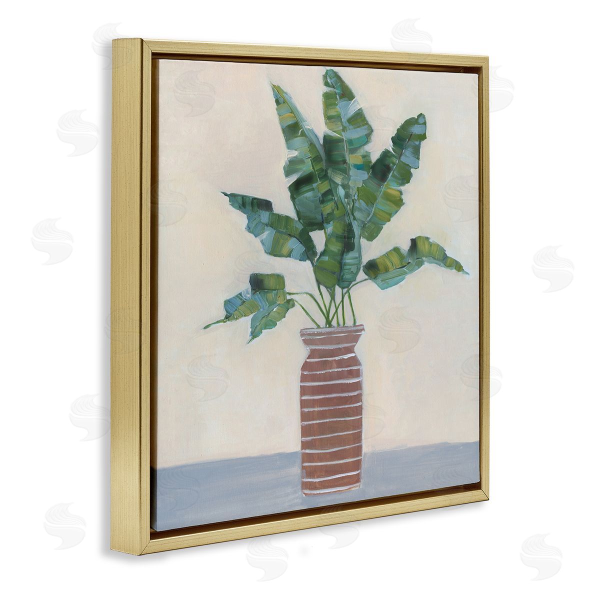 Sally Swatland Green Palm Plant Brown Vase Still Life Painting Gold Floating Frame Canvas Wall Art Print