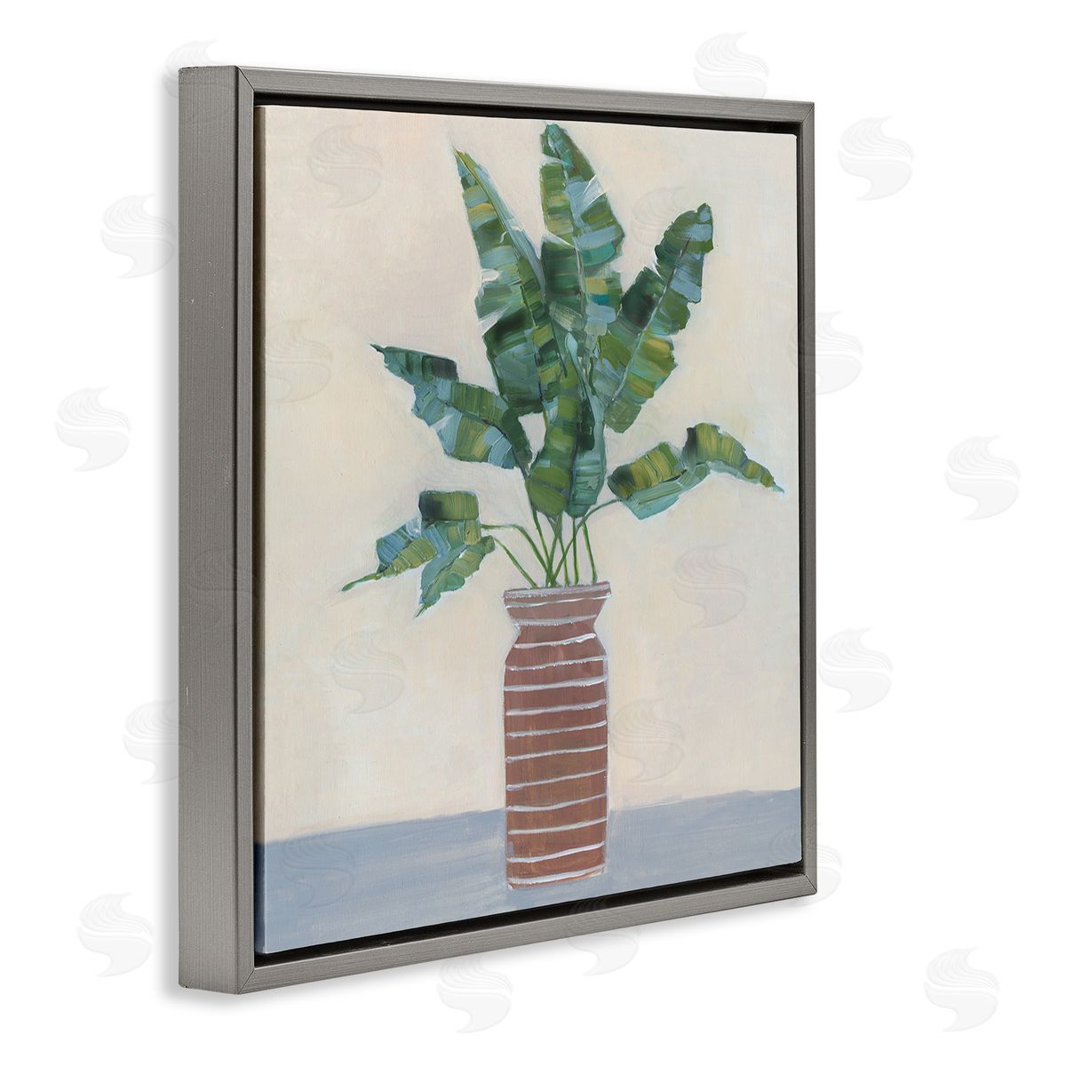 Sally Swatland Green Palm Plant Brown Vase Still Life Painting Gray Floating Frame Canvas Wall Art Print