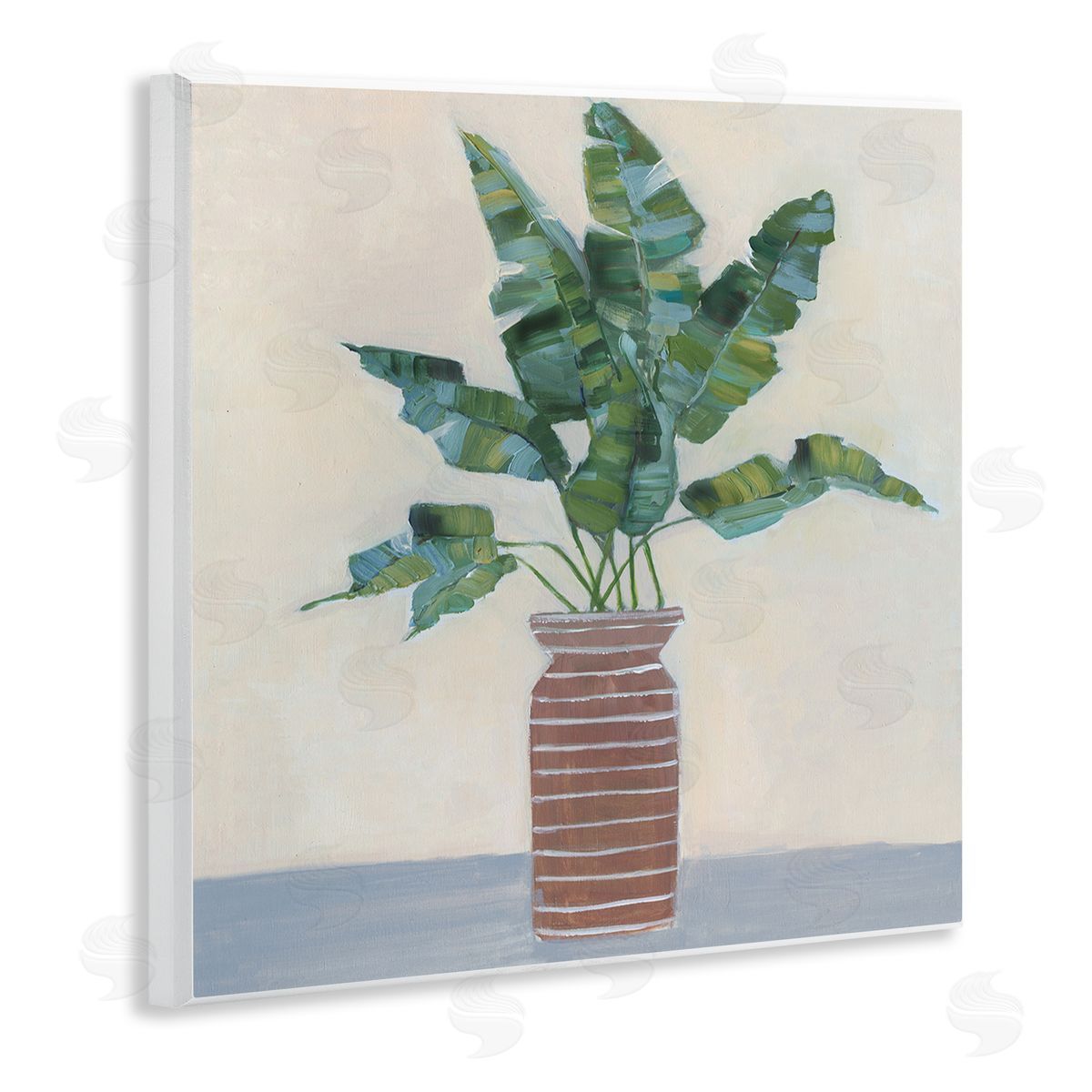 Sally Swatland Green Palm Plant Brown Vase Still Life Painting Wooden Wall Plaque Art Print