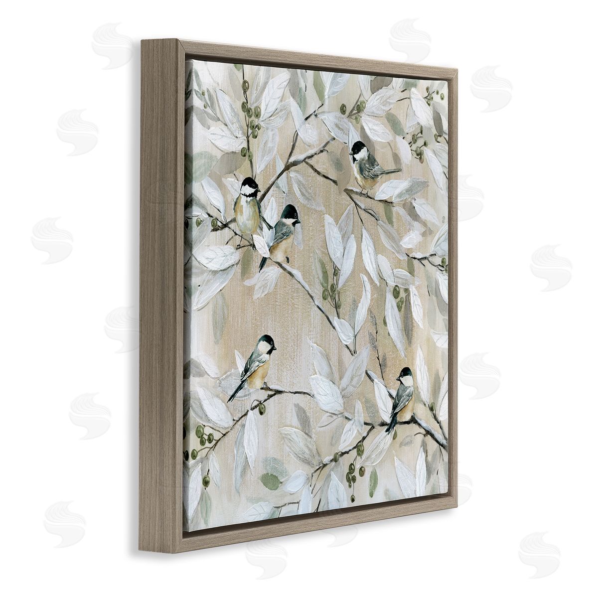Chickadee Birds on Branches Brown Floating Frame Canvas Wall Art, Home Decor by Carol Robinson