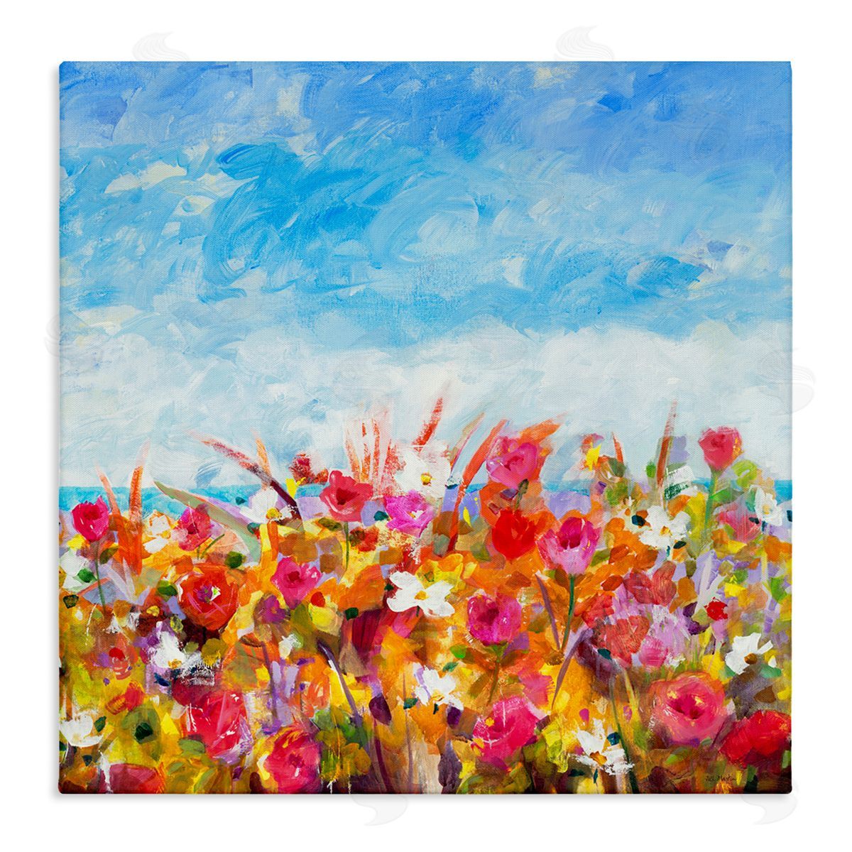 Jill Martin Bold Summer Blooming Flower Field Under Cloudy Sky Stretched Canvas Wall Art Print