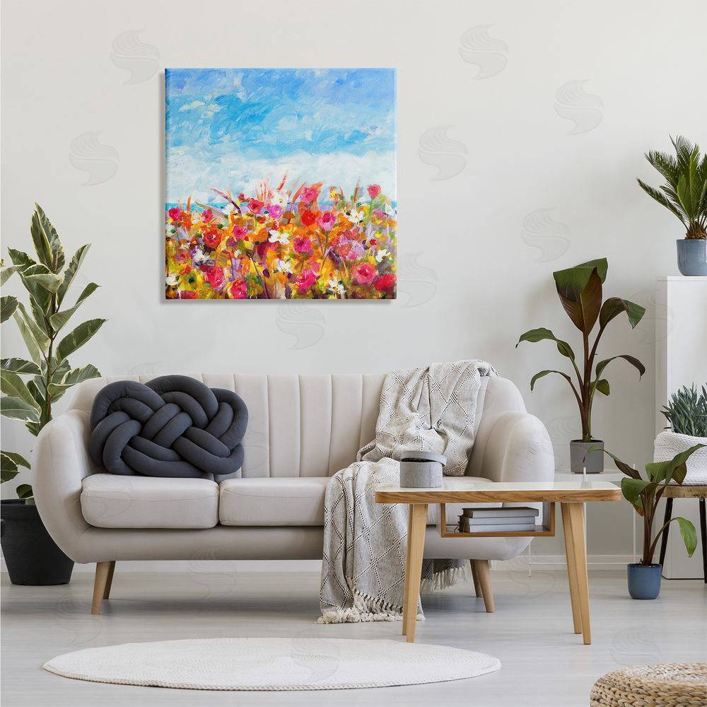 Jill Martin Bold Summer Blooming Flower Field Under Cloudy Sky Canvas Wall Art in Room