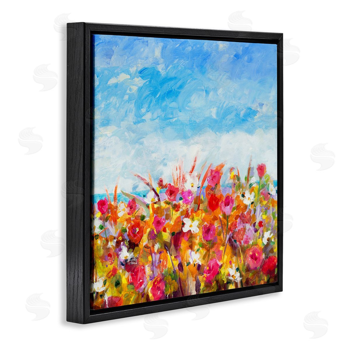 Jill Martin Bold Summer Blooming Flower Field Under Cloudy Sky Black Floating Frame Canvas Wall Art Print
