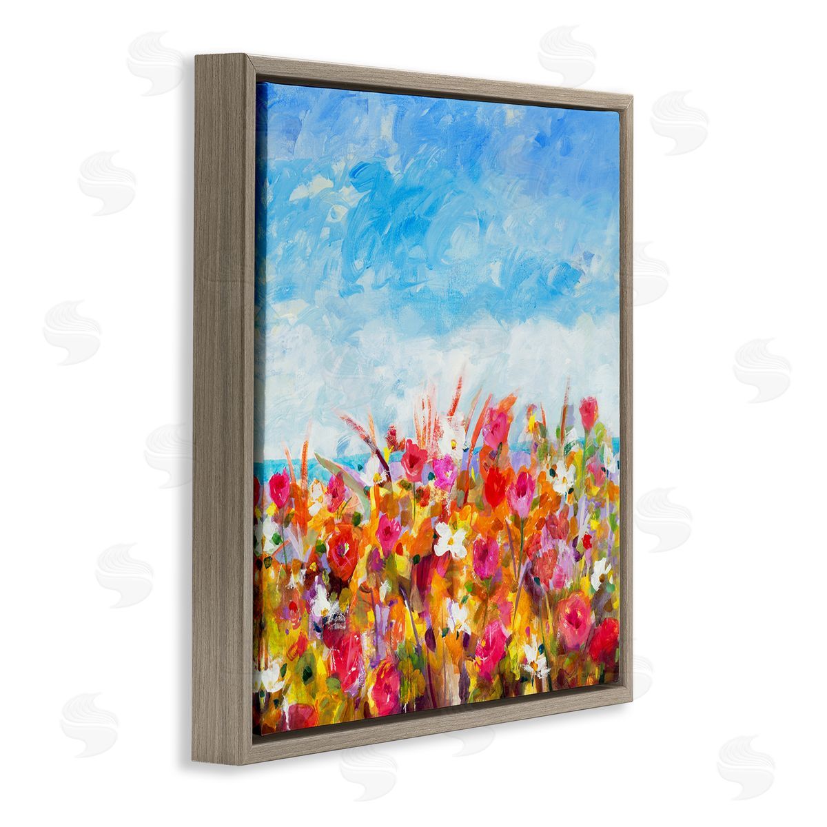 Jill Martin Bold Summer Blooming Flower Field Under Cloudy Sky Brown Floating Frame Canvas Wall Art Print