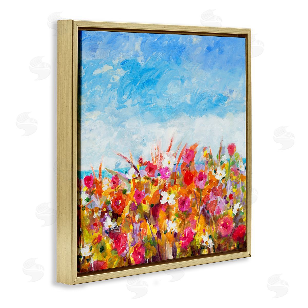Jill Martin Bold Summer Blooming Flower Field Under Cloudy Sky Gold Floating Frame Canvas Wall Art Print