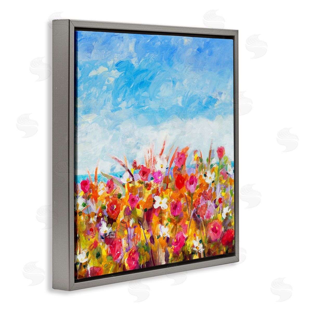 Jill Martin Bold Summer Blooming Flower Field Under Cloudy Sky Gray Floating Frame Canvas Wall Art Print