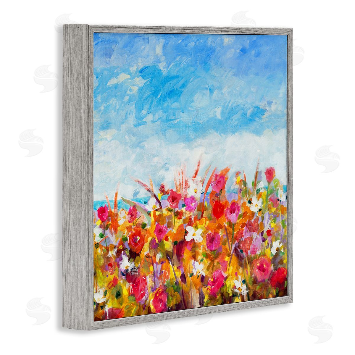 Jill Martin Bold Summer Blooming Flower Field Under Cloudy Sky Gray Framed Glicee Wall Art Print