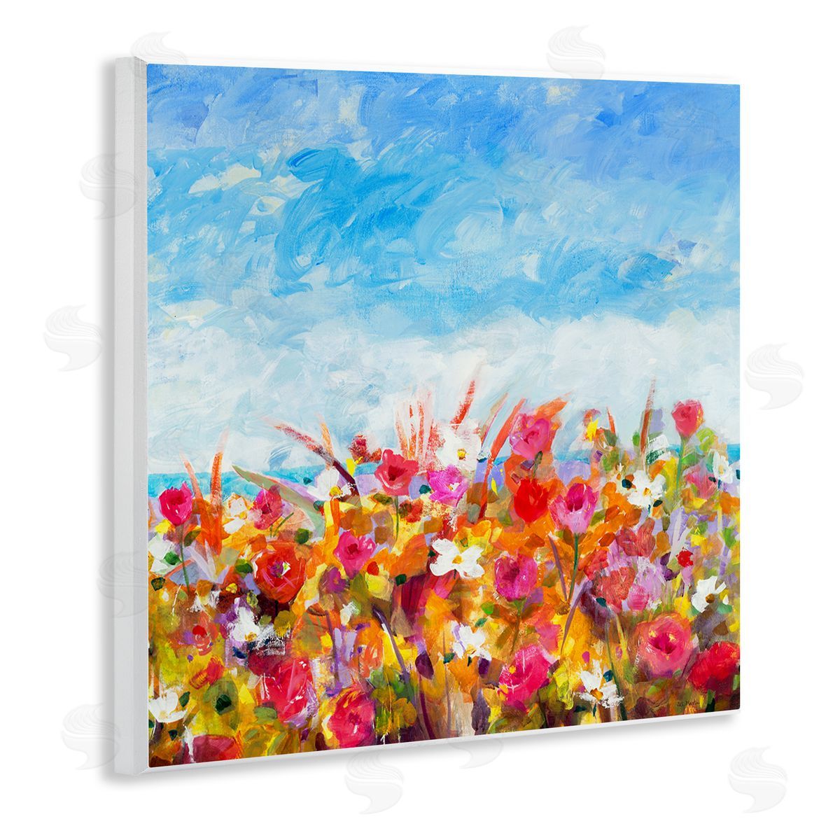 Jill Martin Bold Summer Blooming Flower Field Under Cloudy Sky Wooden Wall Plaque Art Print