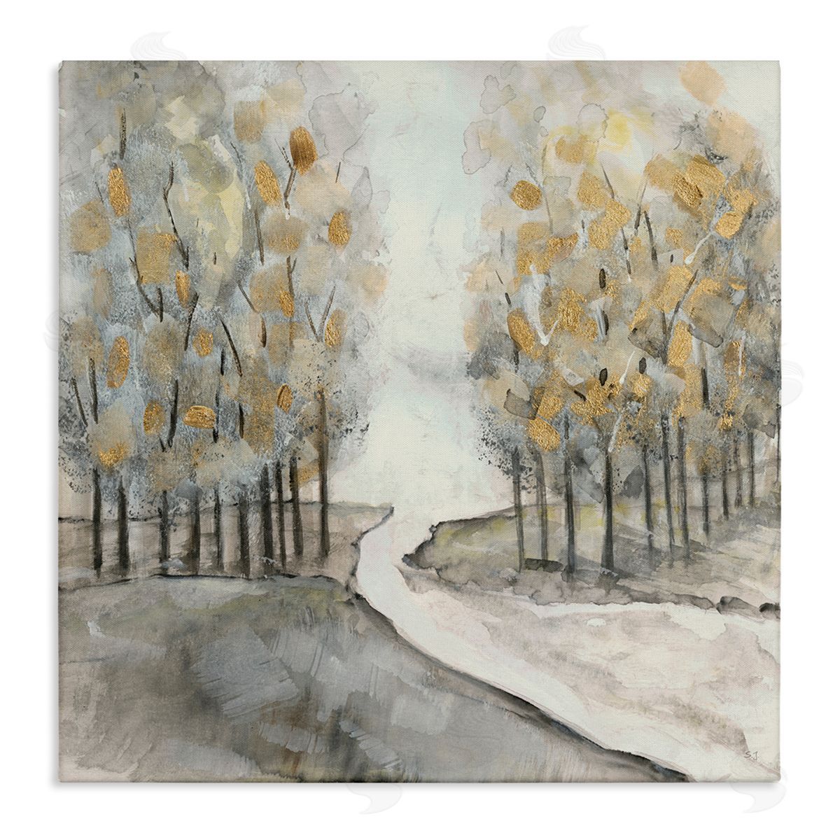 Susan Jill River Between Tree Forests Abstract Watercolor Landscape Painting Stretched Canvas Wall Art Print