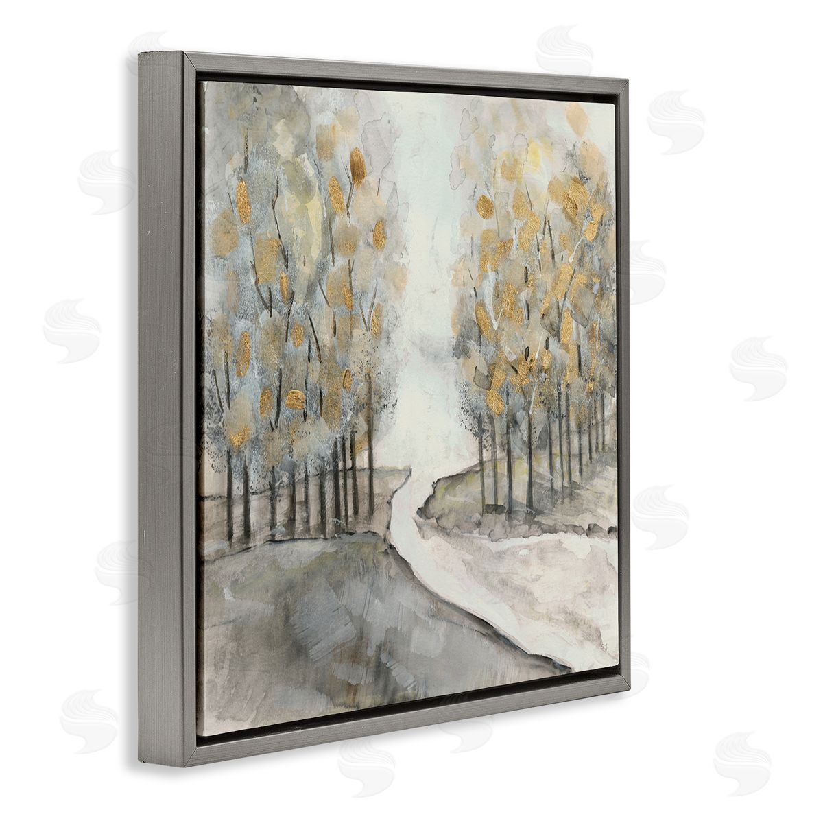 Susan Jill River Between Tree Forests Abstract Watercolor Landscape Painting Gray Floating Frame Canvas Wall Art Print