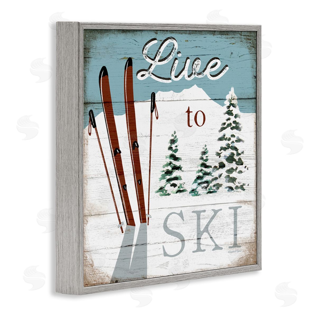 Live To Ski Rustic Snow Sports Grey Frame Print Wall Art, Home Decor by Elizabeth Tyndall