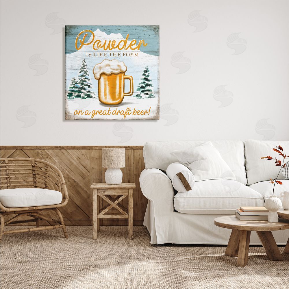Elizabeth Tyndall Powder Like Foam Phrase Winter Mountain Beer Glass Canvas Wall Art in Room