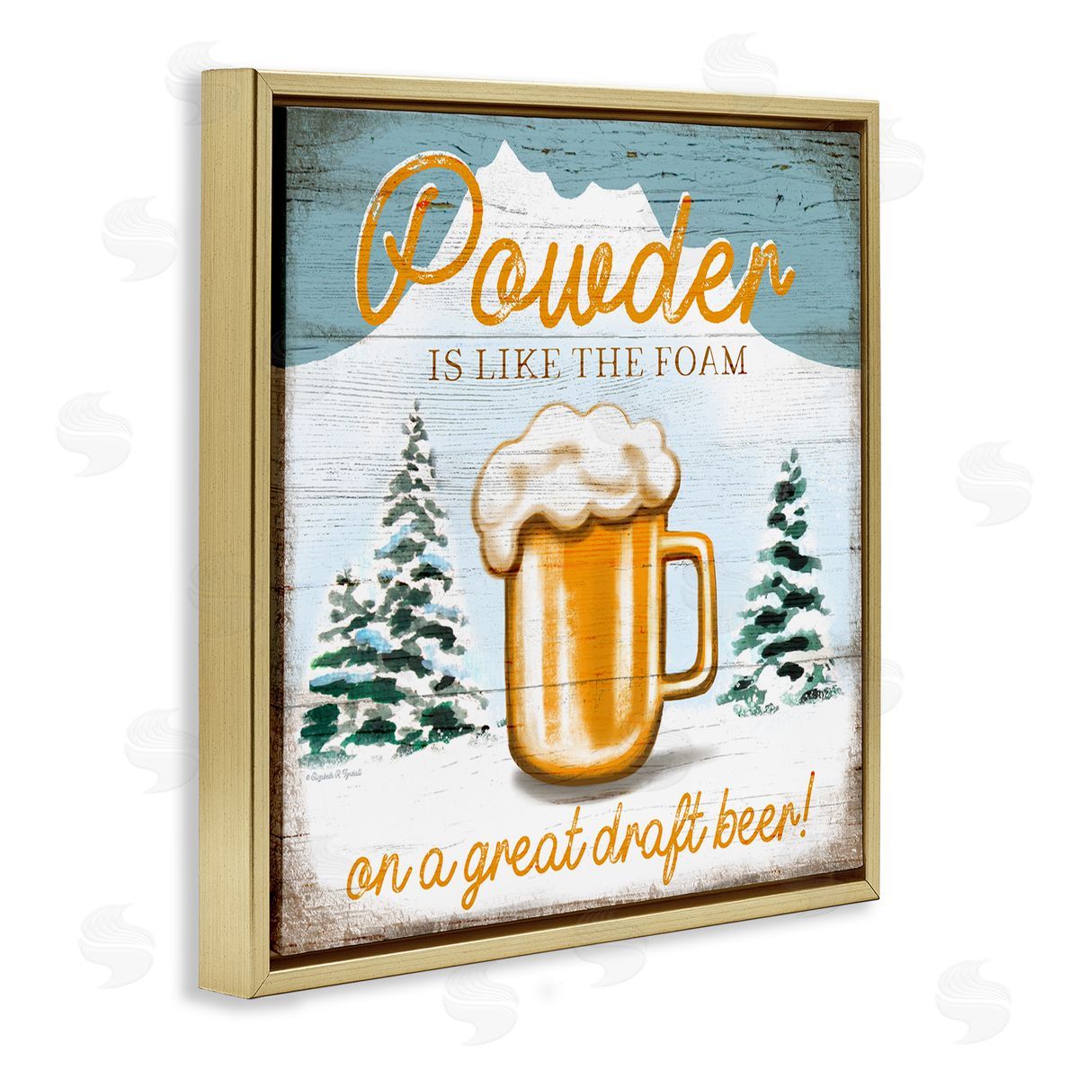 Elizabeth Tyndall Powder Like Foam Phrase Winter Mountain Beer Glass Gold Floating Frame Canvas Wall Art Print