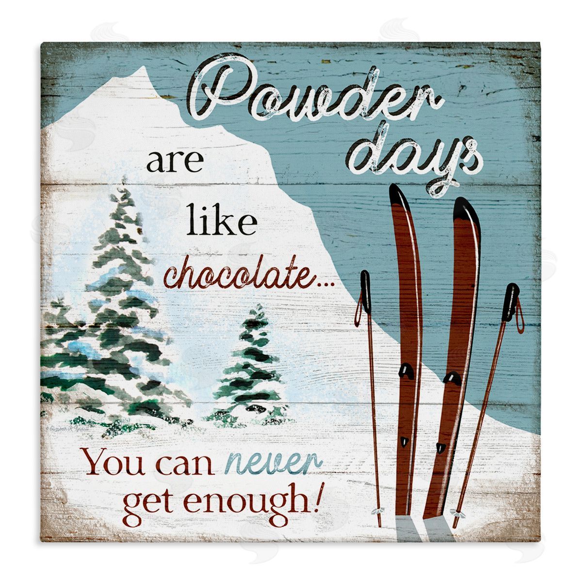 Elizabeth Tyndall Powder Days Are Like Chocolate Phrase Ski Sports Stretched Canvas Wall Art Print