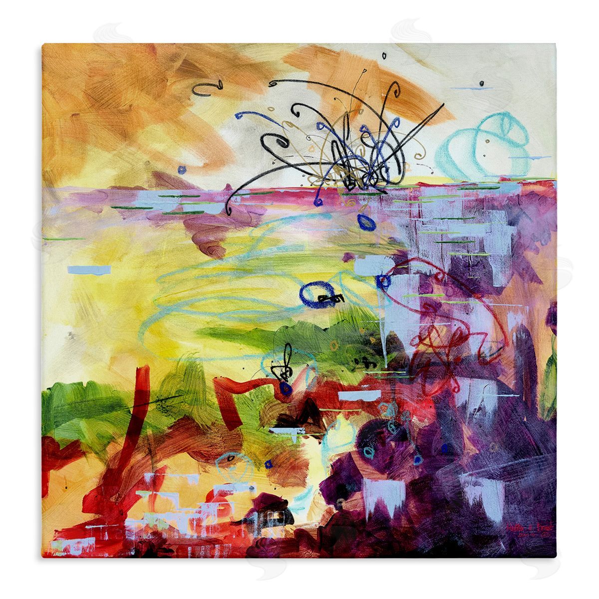 Heather W. Ernst Abstract Chaos Lively Line Movements Purple Orange Yellow Stretched Canvas Wall Art Print