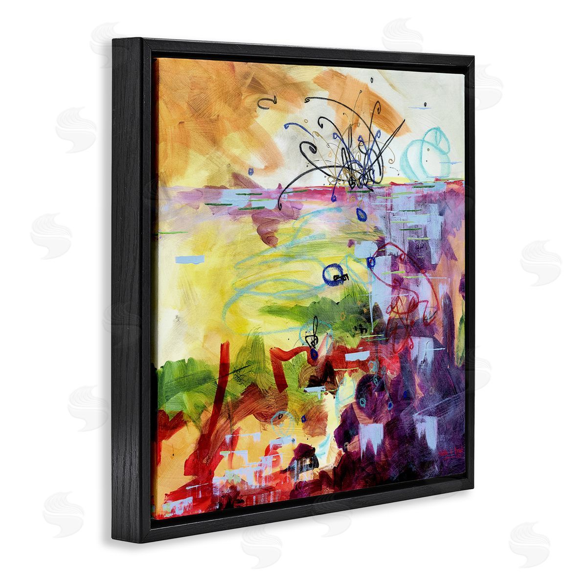 Heather W. Ernst Abstract Chaos Lively Line Movements Purple Orange Yellow Black Floating Frame Canvas Wall Art Print