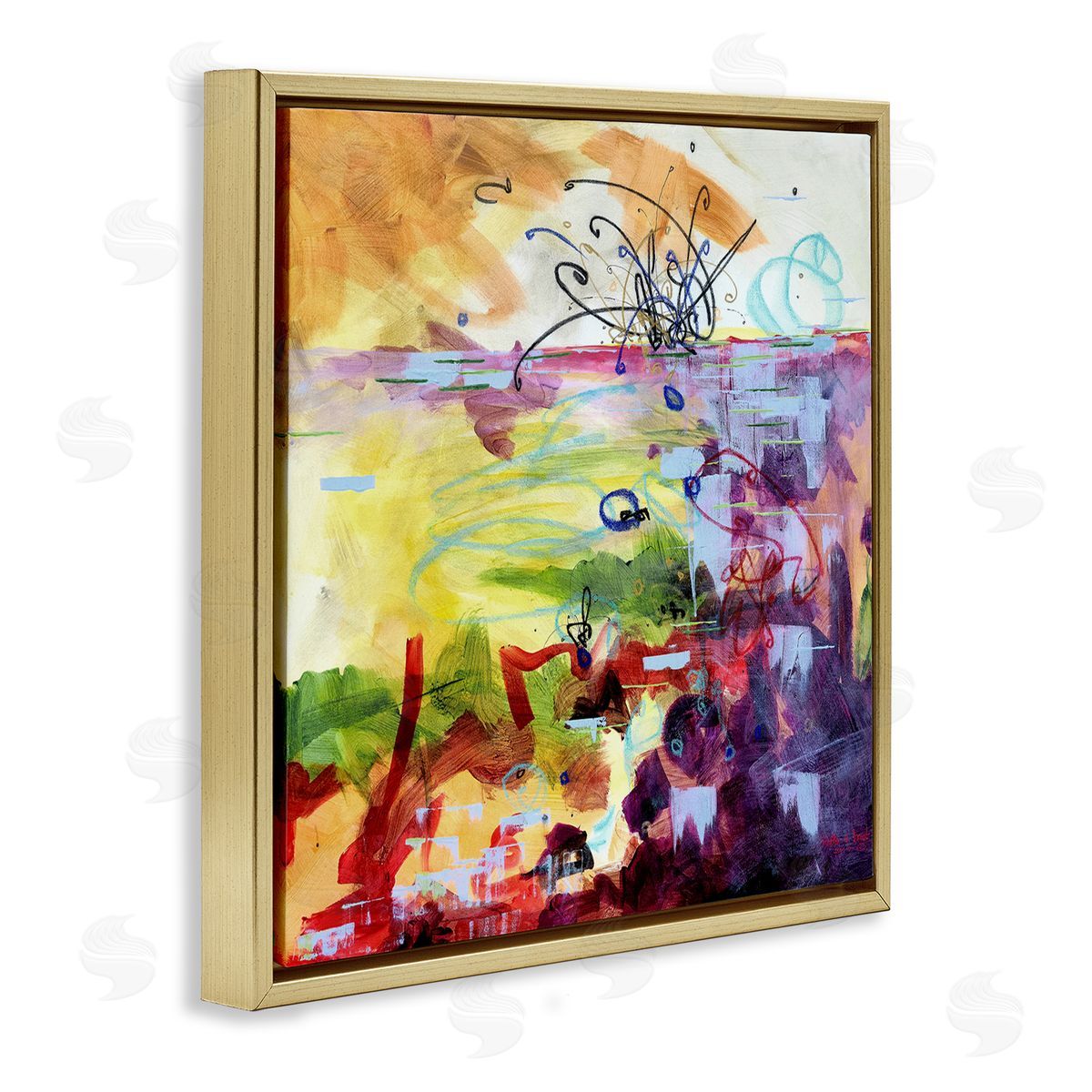 Heather W. Ernst Abstract Chaos Lively Line Movements Purple Orange Yellow Gold Floating Frame Canvas Wall Art Print
