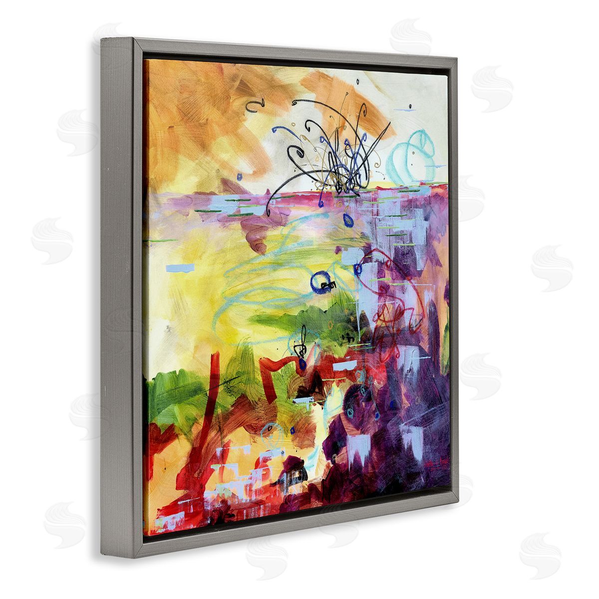 Heather W. Ernst Abstract Chaos Lively Line Movements Purple Orange Yellow Gray Floating Frame Canvas Wall Art Print