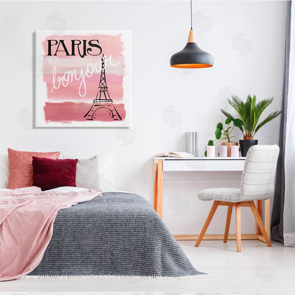 Nan Paris Bonjour French Eiffel Tower Abstract Pink Stripes Canvas Wall Art in Room